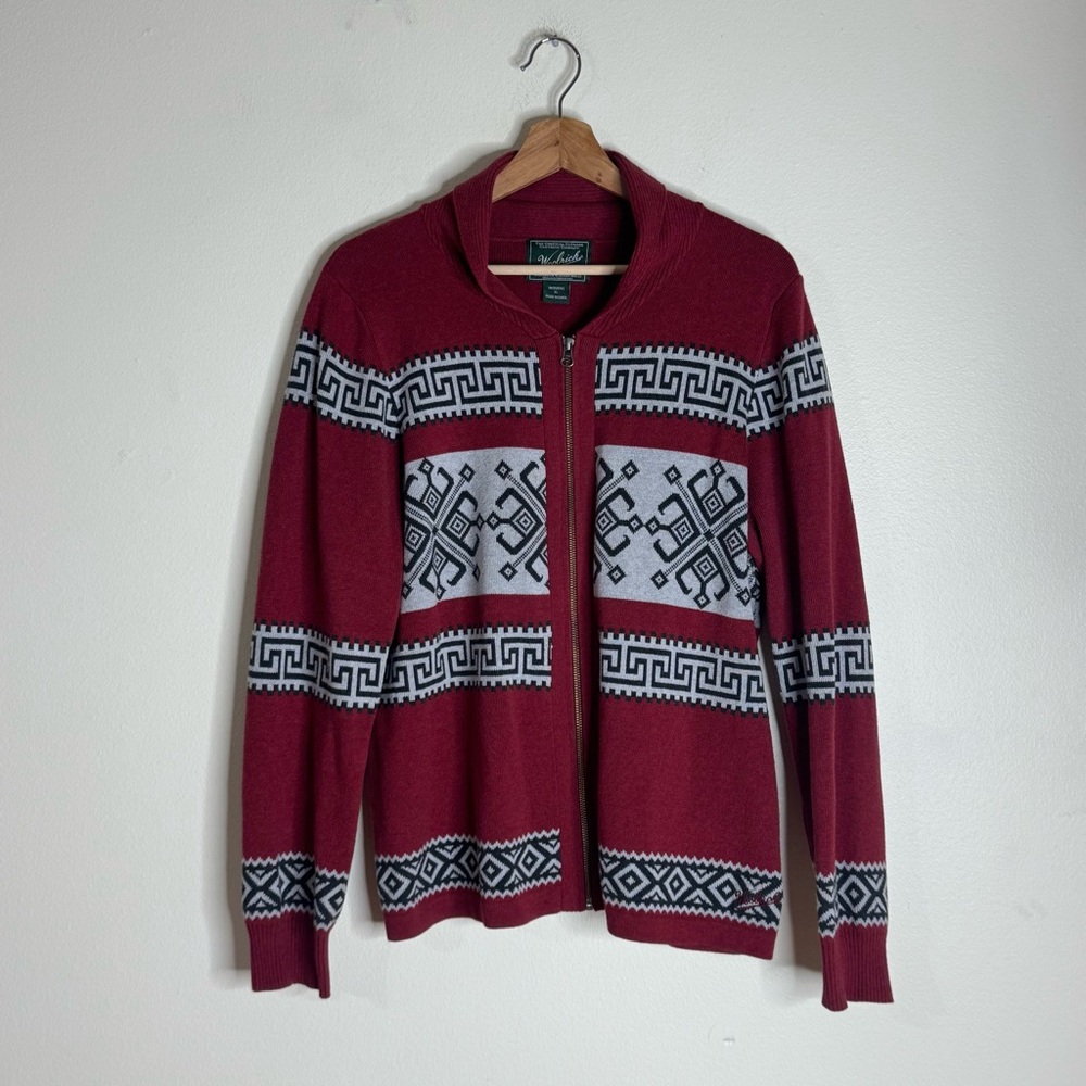 Woolrich Sweater Women's Full Zip Fair Isle Geometric Deep Ruby XL